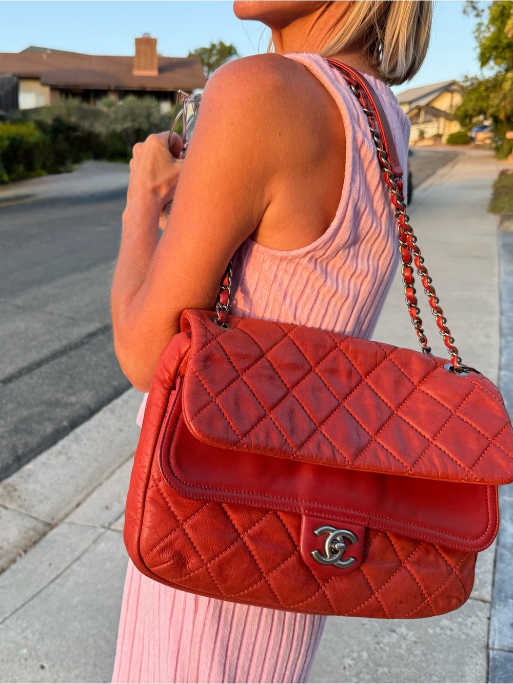 RARE CHANEL Jumbo In The Mix QUILTED Flap in Red Calfskin Authenticated